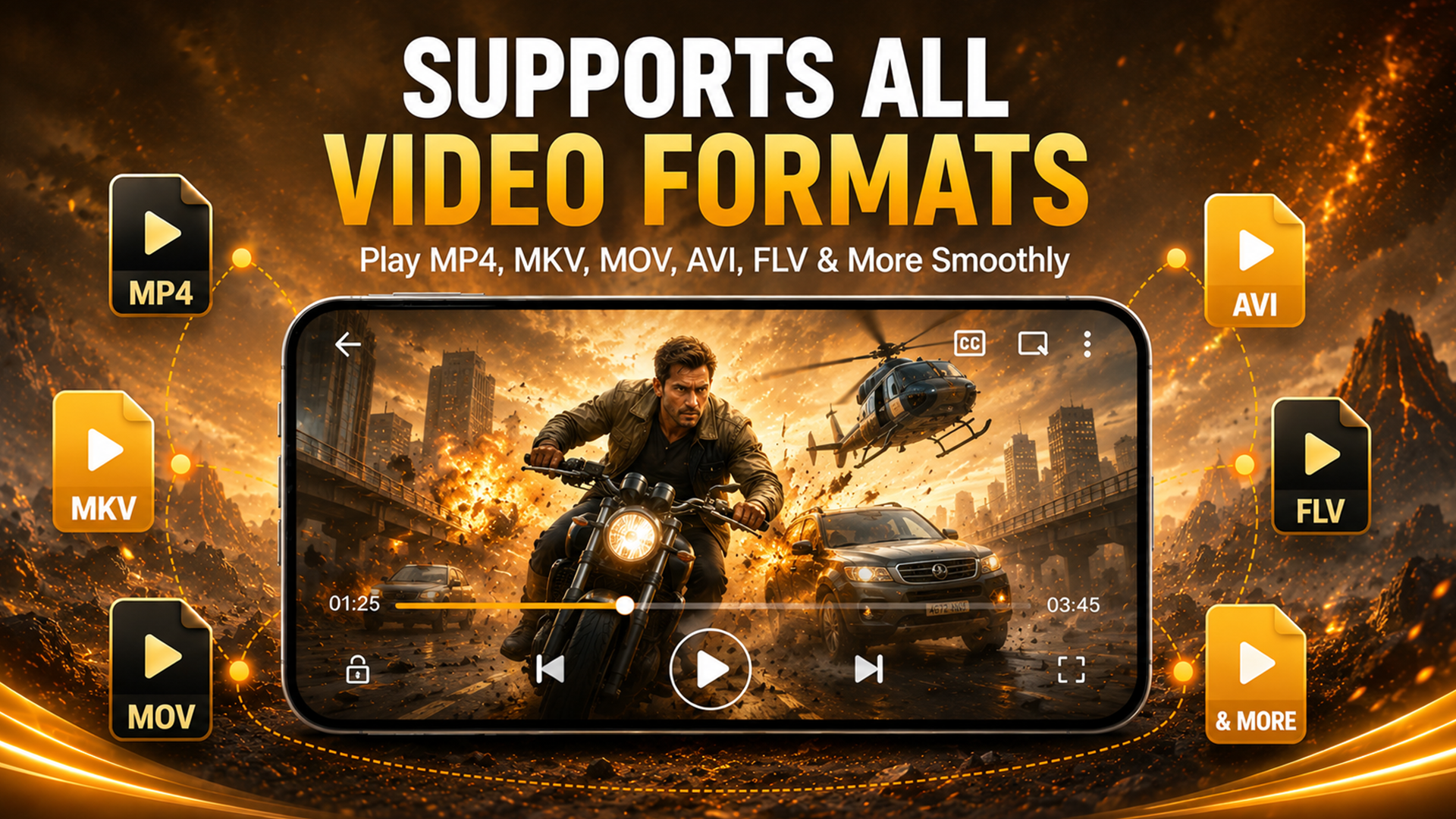NAVO supports all video formats — MP4, MKV, MOV, AVI, FLV